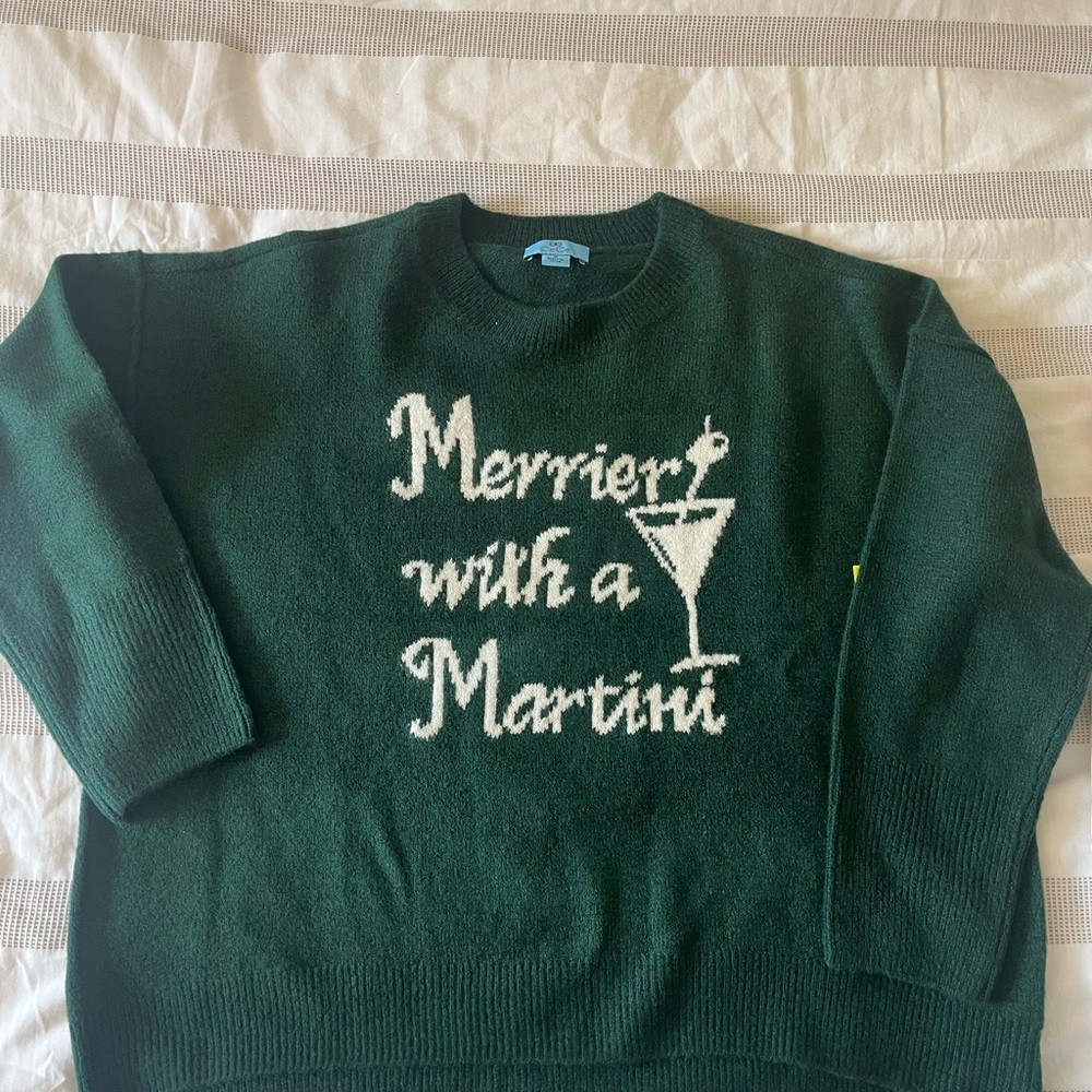 CeCe Green Crewneck Sweater with Martini Design